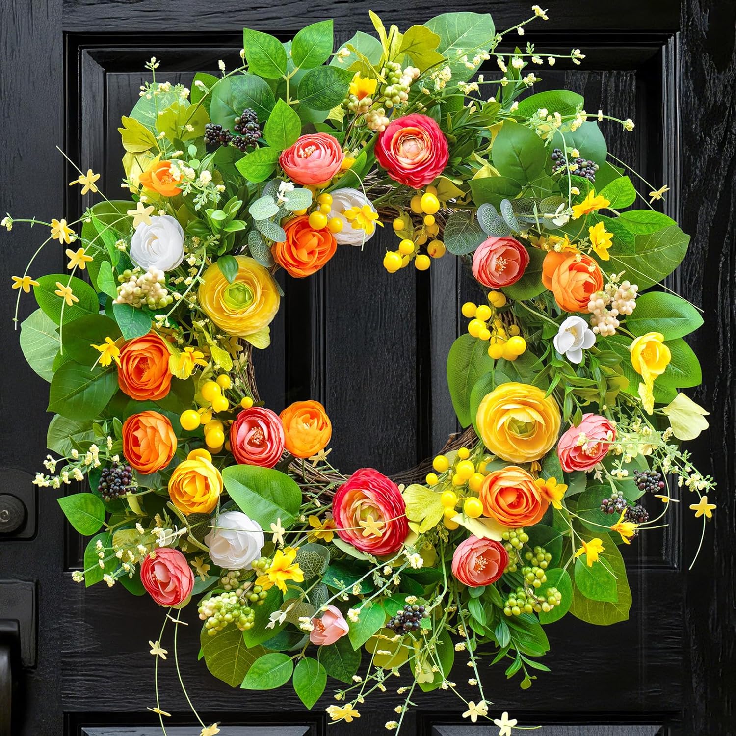 Spring Summer Wreaths for Front Door Outside 24 Inch, Summer Wreath Outdoor with Lotus and Berries, Green Floral Door Wreath for All Season Home Wall Wedding Farmhouse Holiday