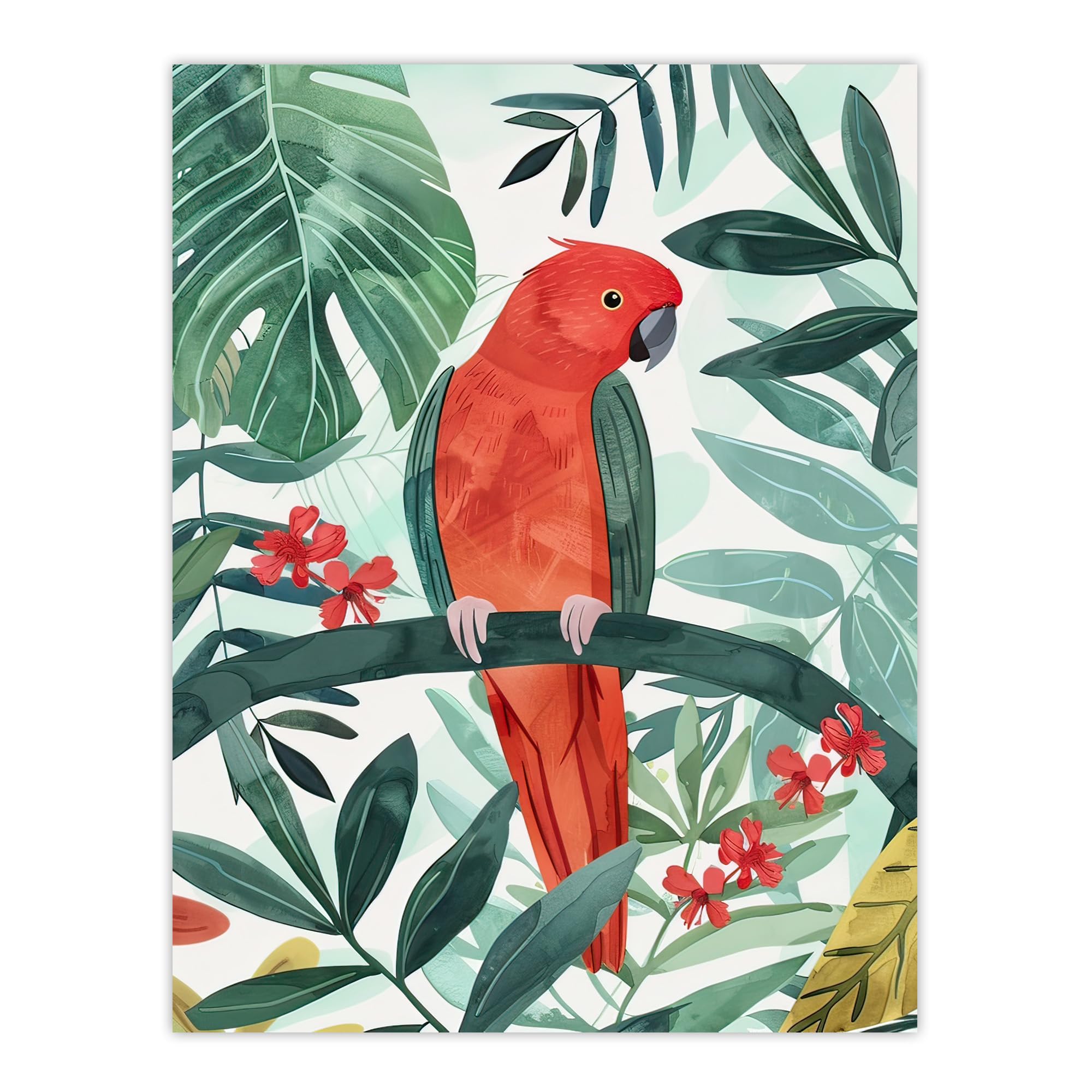Artery8 Red Parakeet Bird Tropical Jungle Watercolour Wall Art Print Green W18" x H24"