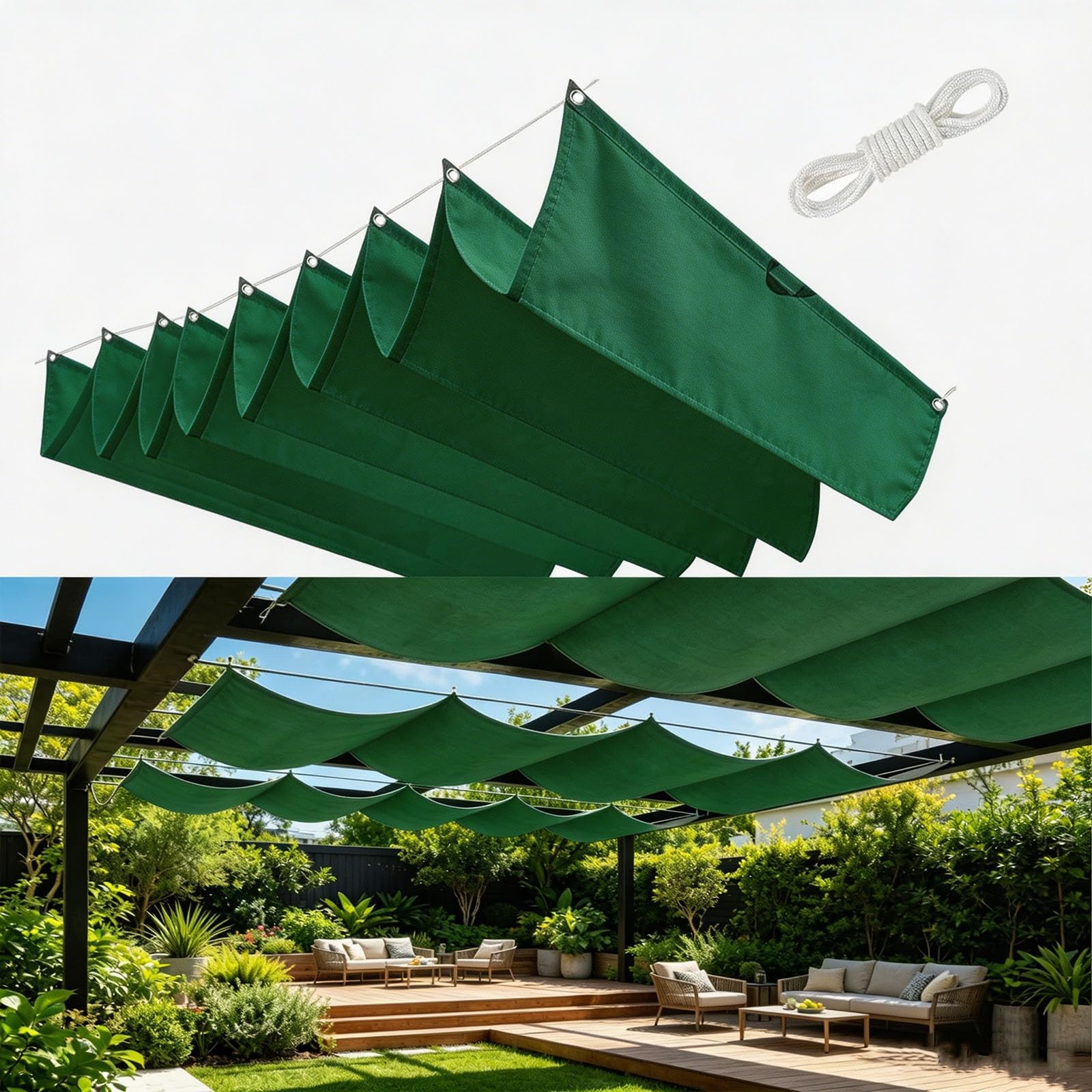 Toldo Vela de Sombra Retráctil 100 x 1050 cm Protección UV 98% Resistente Al Clima y Desgarro Resistente a Desgarros Vela de Sombra Rectangular para Terraza Jardín, Verde
