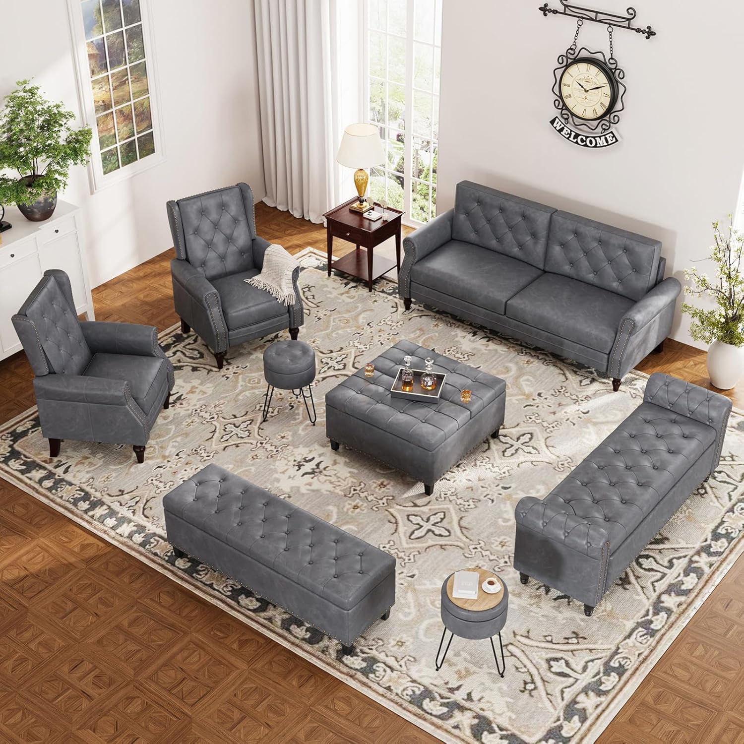 55 Inch Bedroom Bench, End of Bed Bench with Storage, Bed Benches for Foot of Bed, Faux Leather Window Bench with Rolled Arms, Upholstered Storage Bench with Tufted Button and Nailhead Trim, Gray