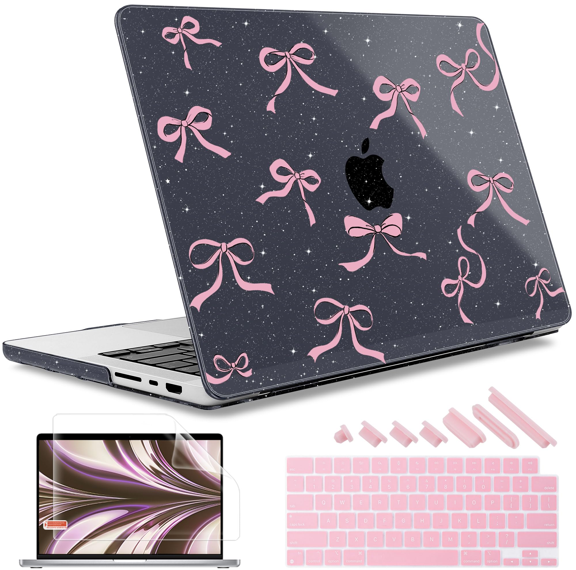 May Chen for MacBook Pro 14 inch M3 M2 M1 Chip (Models: A3401 A3185 A2918 A2995 A2779 A2442) 2021 2022 2023 2024 Release, Bow Print Hard Shell Case wtih Keyboard Cover, Black Glitter