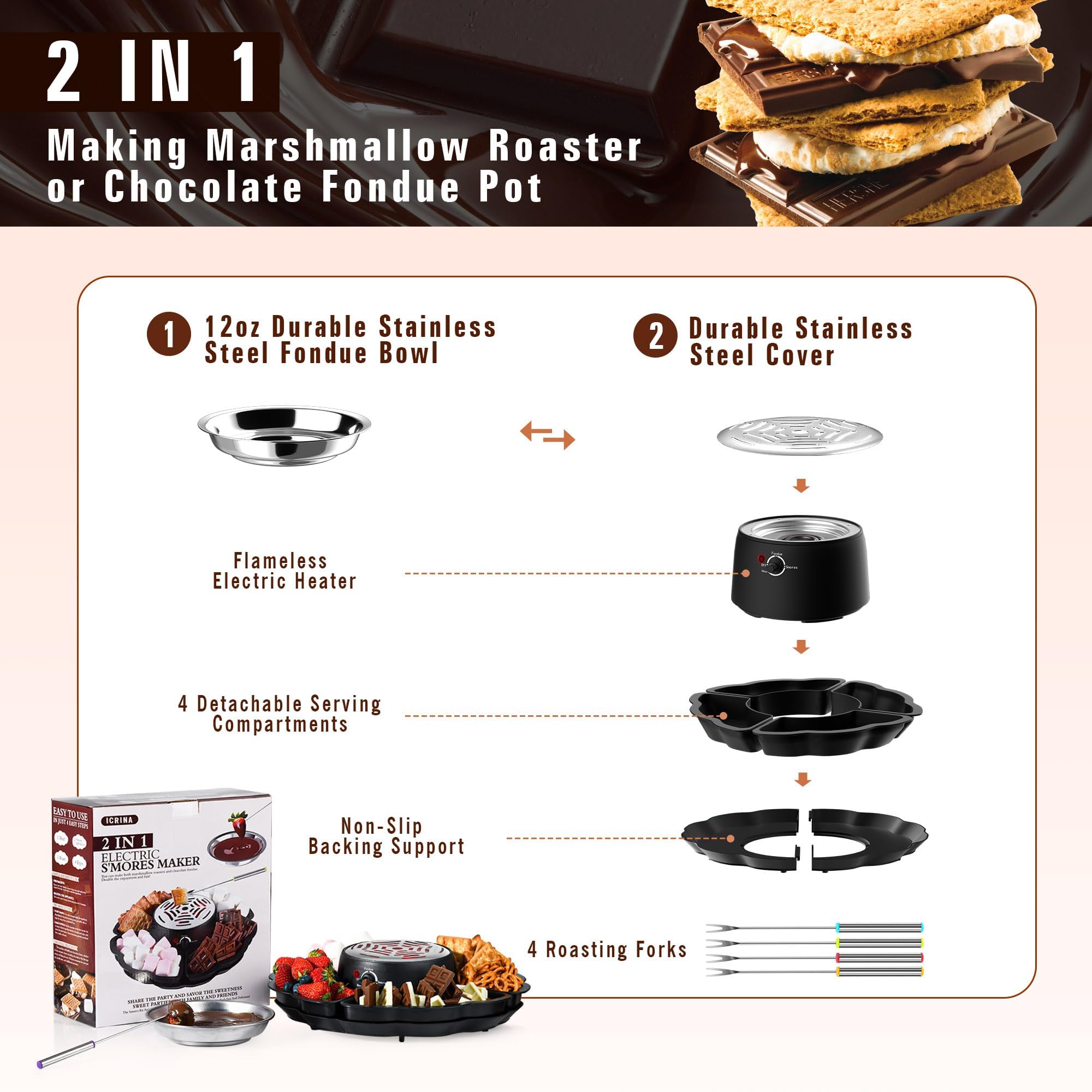 S'mores Maker, flammenloser elektrischer Marshmallow-Bräter mit Temperaturkontrolle, 4 abnehmbare Tabletts, Geschenkset