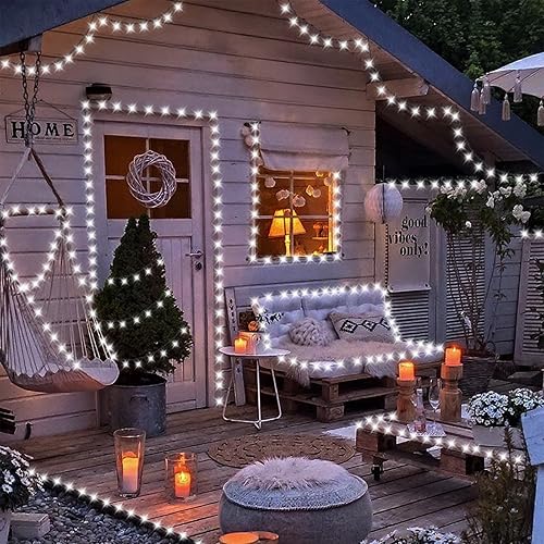 Miniatura 8 de QITONG 500 luces LED blancas de Navidad de 165 pies, tira de luces impermeables para exteriores con 8 modos, cable verde, enchufable, luz