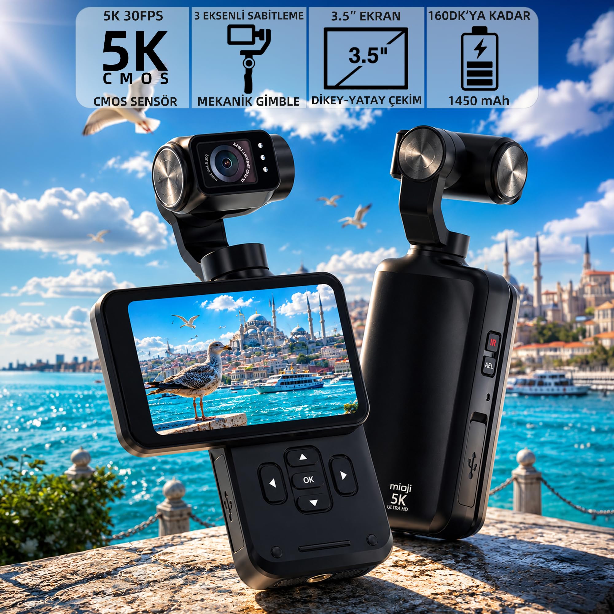 Mioji Pocket 3 5K 30FPS 48MP 3 Eksenli Gimbal Kamera