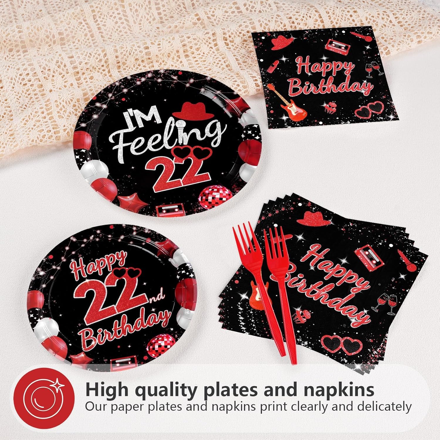 96Pcs Black Red 22nd Birthday Decorations - Black and Red Plates and Napkins Happy Birthday Party Disposable Tableware for Boys Girls 22 Year Old Party Graduation Decorations 2026 Serves 24