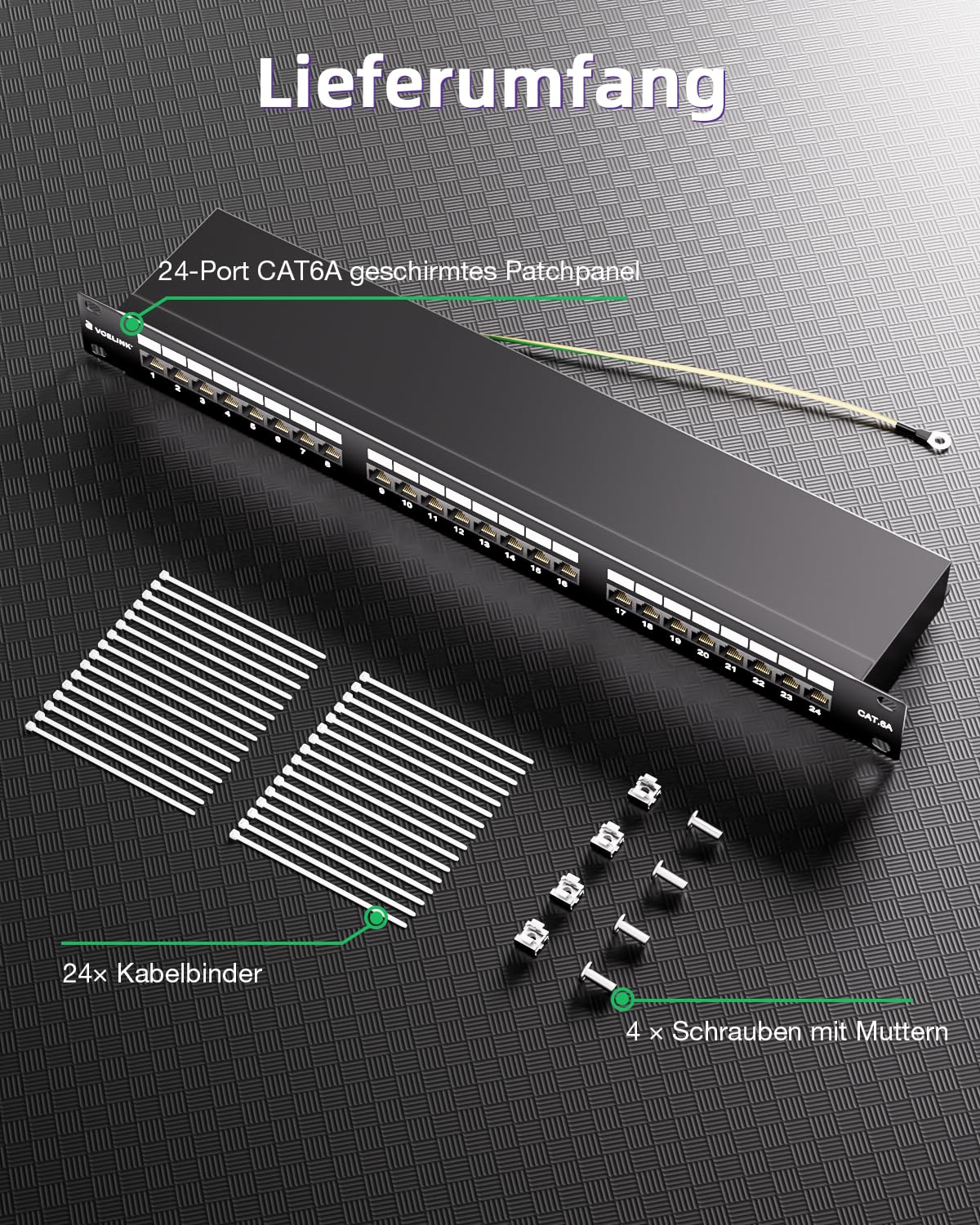 VCELINK CAT6A Patchpanel 24 Port, Geschirmt 19 Zoll Patchfeld 10 Gbit/s mit RJ45-Buchsen, Rackeinbau Kabelführung Verteilerfeld für Büros, Home-Office, kleine Serverräume