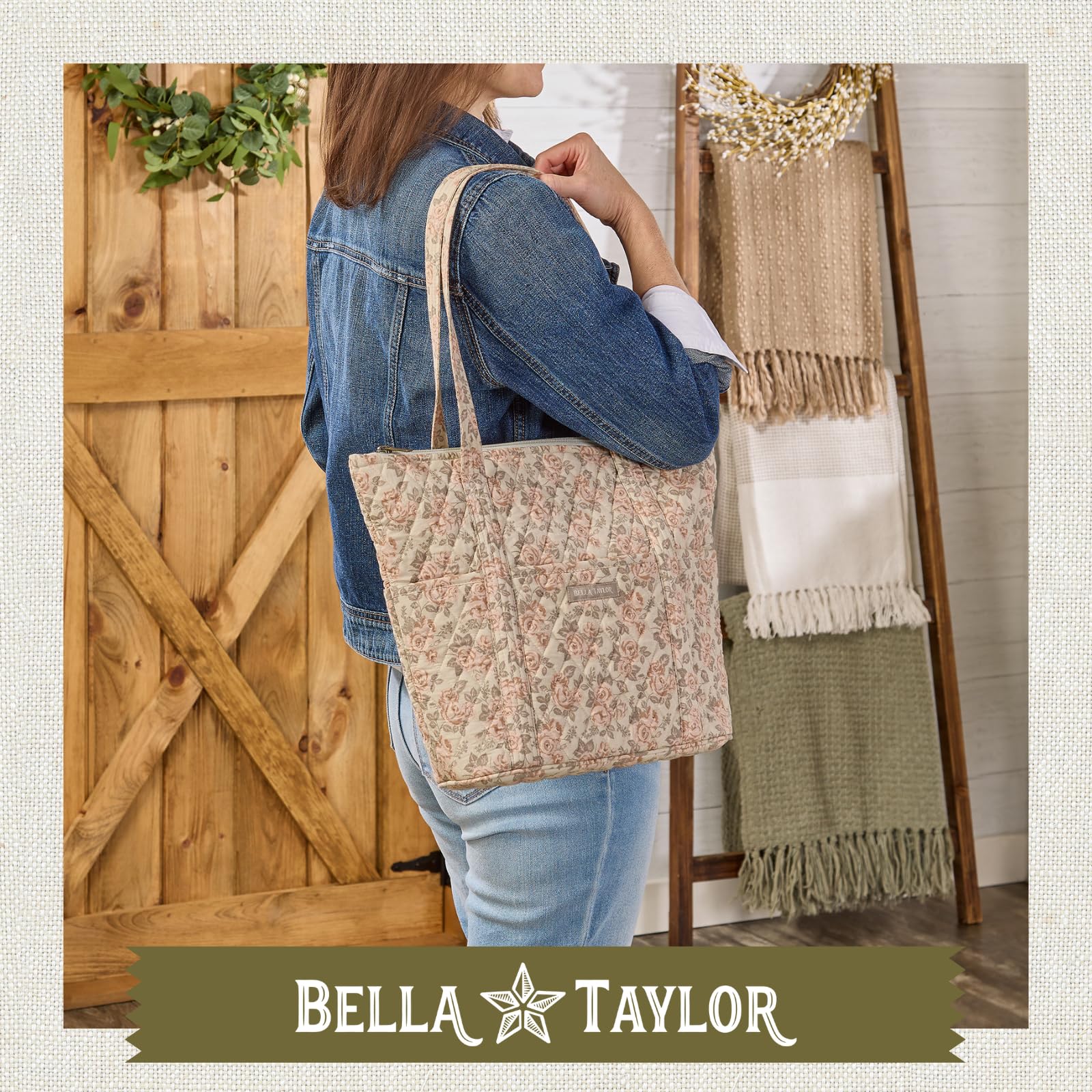 Bella Taylor Stride Shoulder Bag | Lightweight Quilted Cotton Tote Bag for Women | Cameo Rose