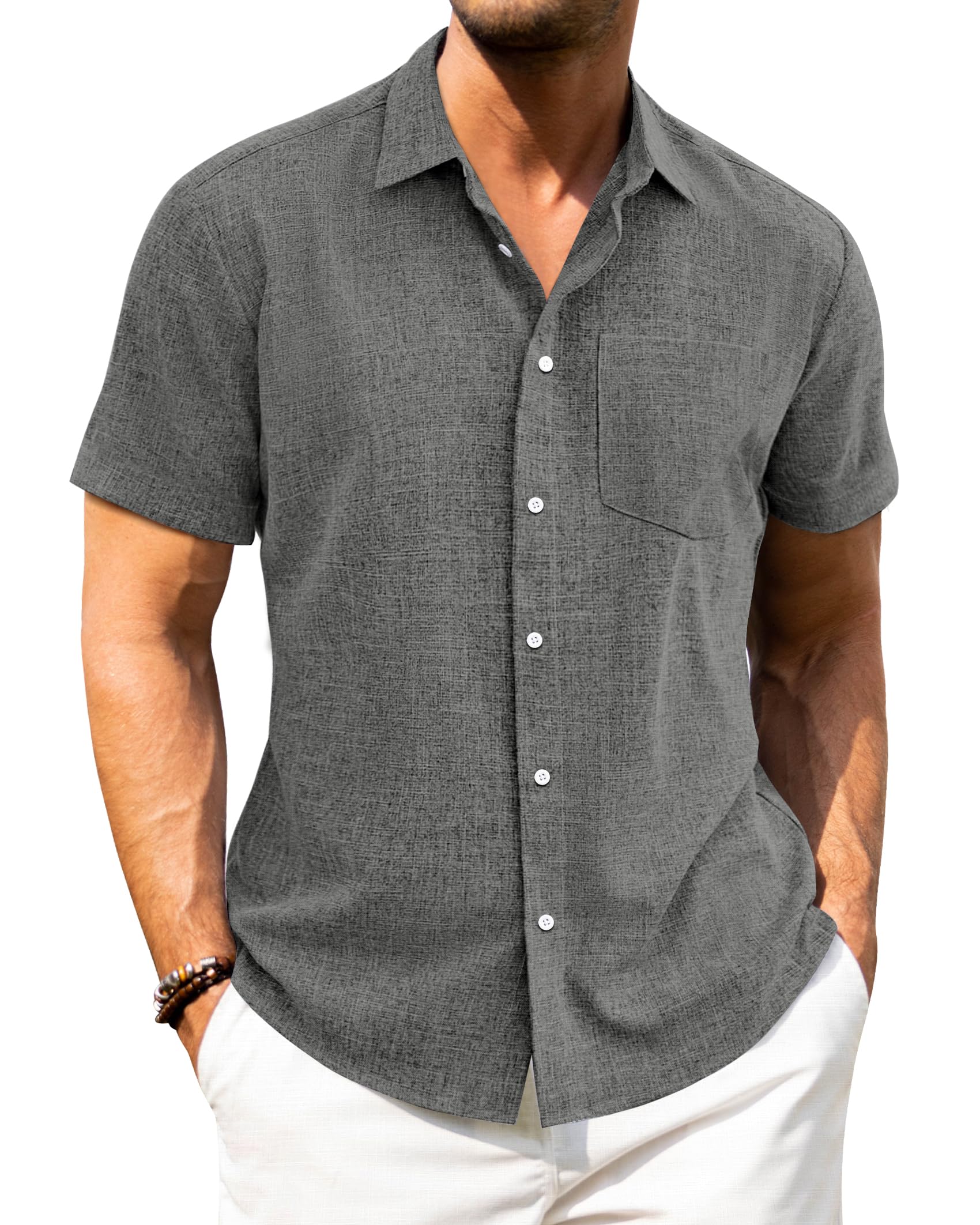 J.VER Leinenhemd Herren Kruzarm Freizeithemd Regular Fit Leicht und Luftig Sommerhemd Leinen Shirt mit Tasche
