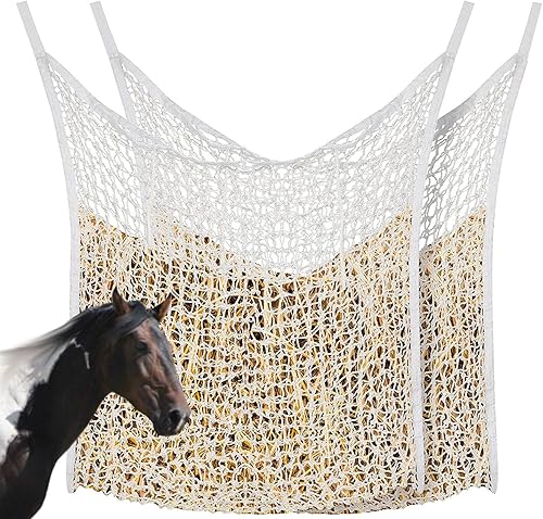 Miniatura 1 de Paquete de 2 redes de heno de mayor capacidad bolsas de alimentación lenta de heno de 35 x 31 pulgadas, agujeros de 1.5 x 1.5 pulgadas para