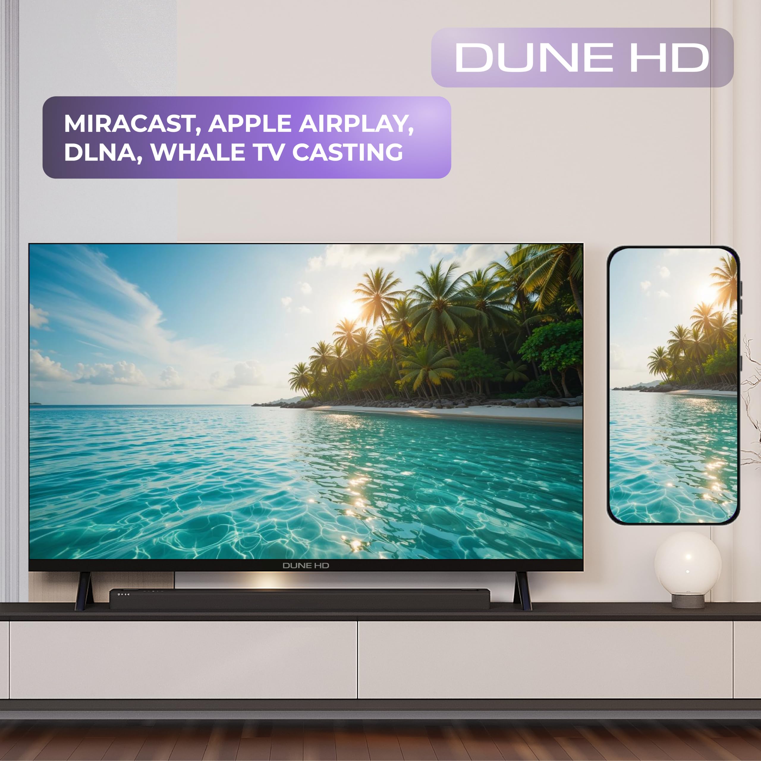 Dune HD Smart TV 43" (2026), QLED 4K UHD Quantum Dots, HDR10 HLG, Whale OS Android, 2+16, potrójny tuner DVB-T/T2/S/S2/C + telewizja analogowa, sterowanie głosowe, AirPlay, Miracast (43, Cale)