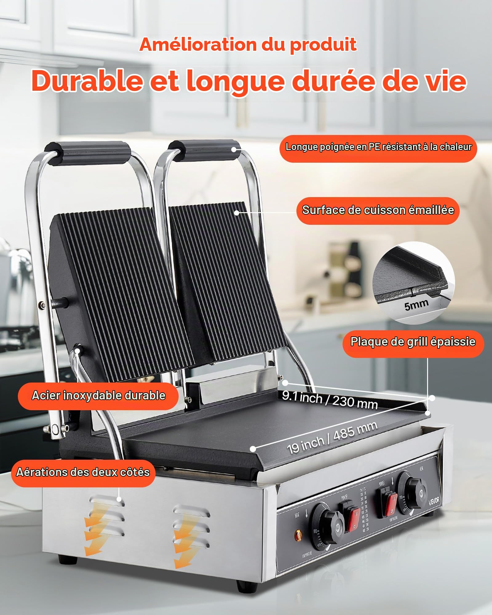 VEVOR Gril Panini Électrique de 3600 W, Double Presse à Panini avec Plaque de Cuisson Émaillée de 48,5x23 cm, Appareil à Sandwich en Inox, Contrôle de la Température, pour Hamburger, Steak, Cuisine