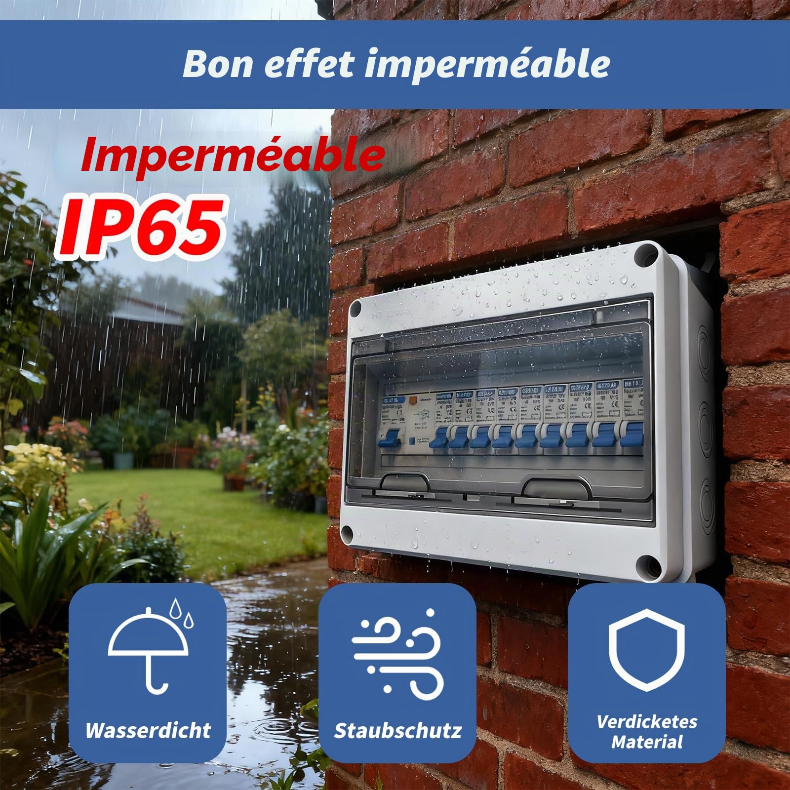 Coffret Electrique Etanche, Tableau Electrique avec Disjoncteur Différentiel, Boîtier de distribution électrique IP65 pour Caravanes/Garages/Ateliers/Villas, Disjoncteur 125A, 7x16A+2x20A