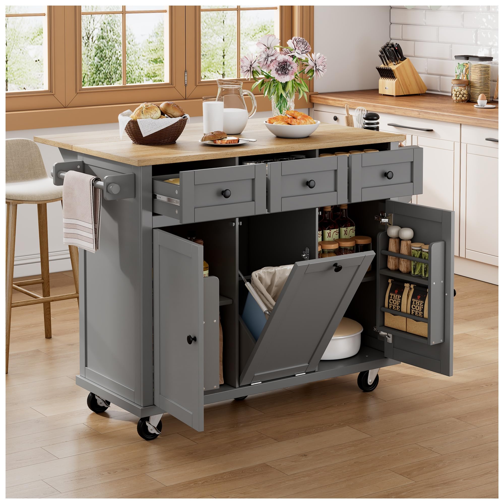 Carrello da cucina espandibile a isola da pranzo grigio con cestino della spazzatura, cassetti spaziali, portaspezie laterale e porta asciugamani, perfetto per piccoli spazi