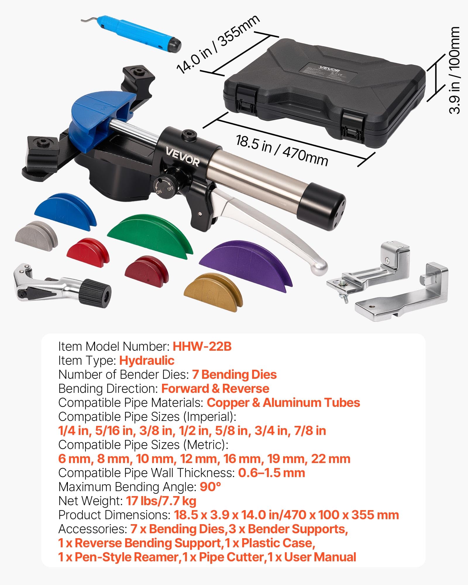 VEVOR Kit de Dobladora de Tubos Hidráulica de 6 a 22 mm, 90°, Avance/Retroceso, con 7 Matrices de Aleación de Aluminio, Refrigeración y Reparación de Automóviles (Colorido, Avance/Retroceso)
