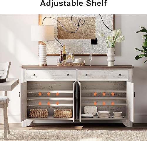 Miniatura 4 de WAMPAT Armario buffet con 4 puertas y 2 cajones, armario de 59 pulgadas de ancho con almacenamiento, armarios de almacenamiento de cocina de madera,