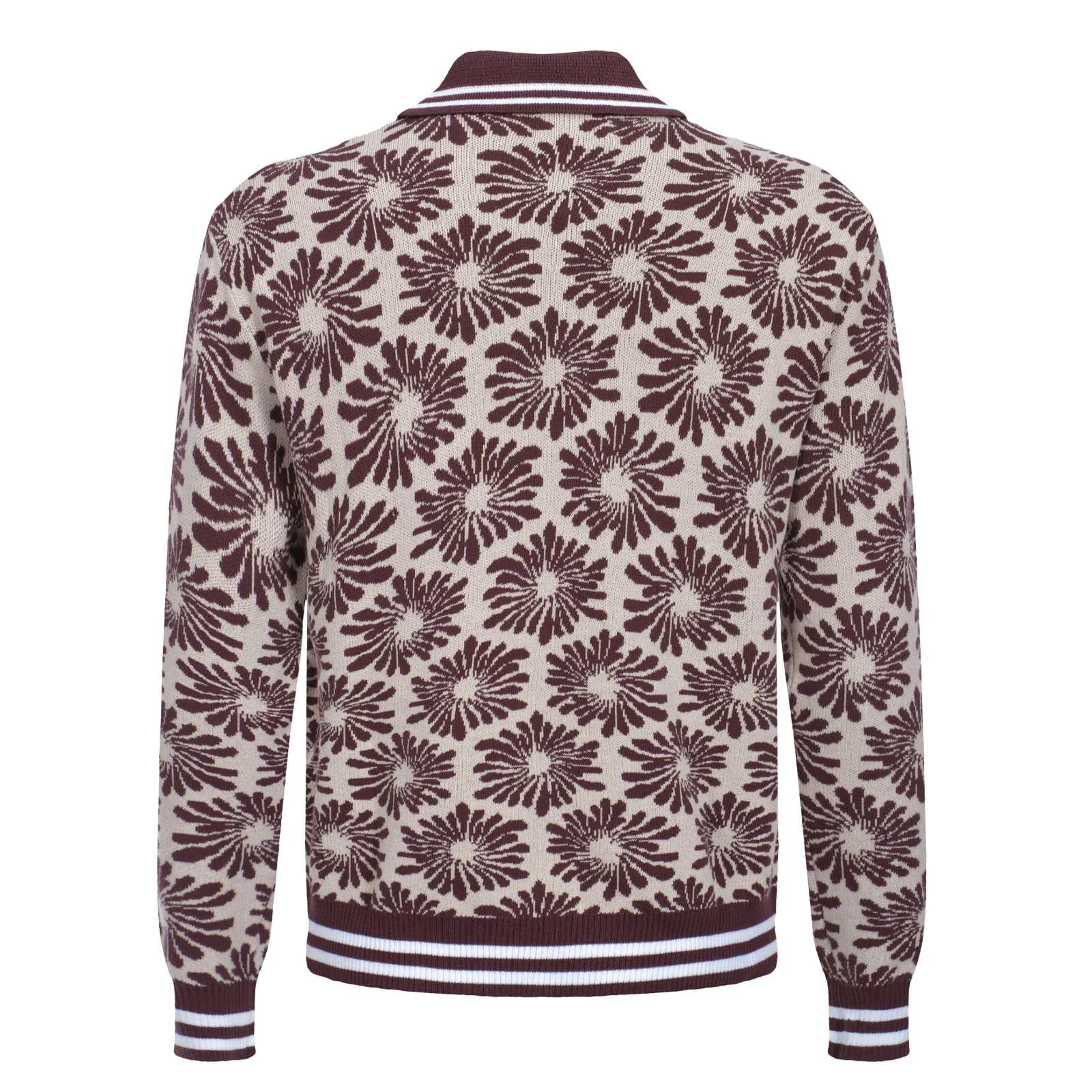 OXKNIT Herren Retro Braune Strickjacke Pullover für Männer, Casual Strick Blumen Langarm Poloshirt, Reverskragen-Stil mit Reißverschluss