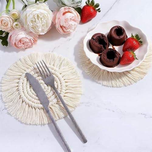 Miniatura 2 de Juego de 2 posavasos bohemios de macramé, posavasos absorbentes para bebidas, redondos tejidos a mano para decoración bohemia del hogar, posavasos