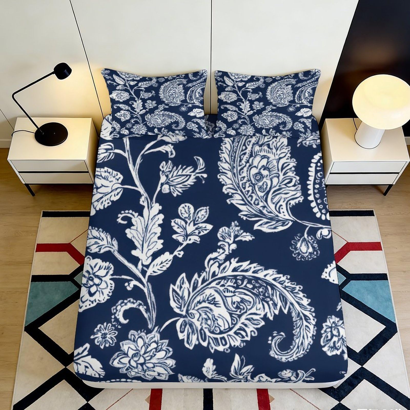 3D Printed Blue Floral Fitted Sheet Microfiber Soft Breathable White Paisley Mattress Cover for Bedroom Dormitory Guest Room Protection Decor 160x200x25cm