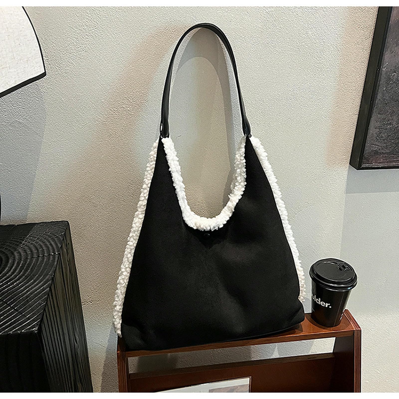 Frizione Donna Borsa A Mano in Pelle Scamosciata Tracolla da con Hobo Elegante Morbida Peluche Vintage Lana d'Agnello-Marrone Chiaro
