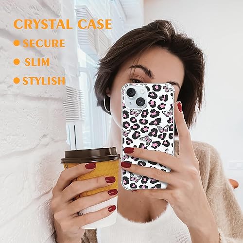 Miniatura 6 de MSEAANBK Funda transparente con puntos de leopardo rosa, diseñada para iPhone 15 Plus, diseño de mariposa rosa, a la moda, para niñas y mujeres, 4