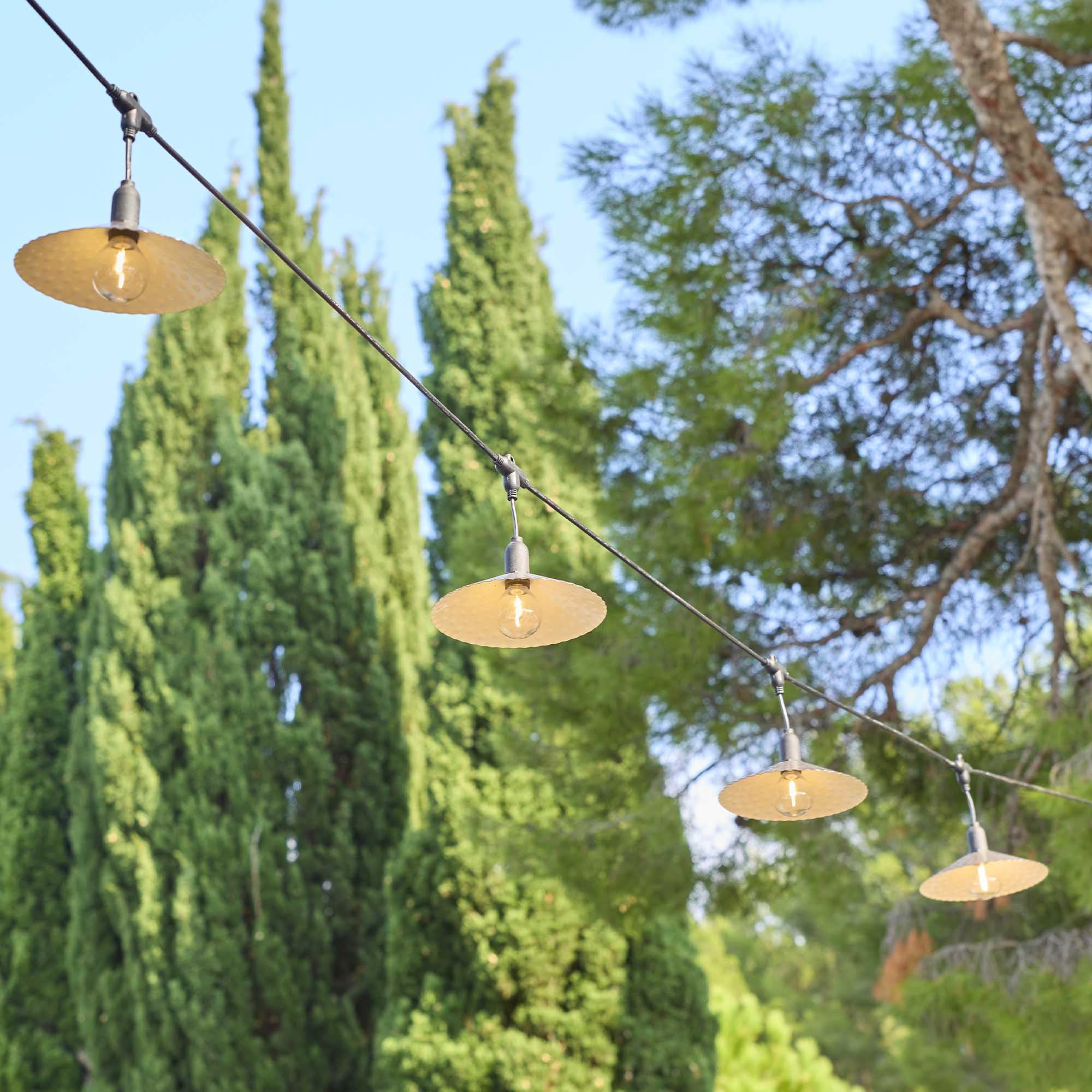 Ghirlanda di luci per esterni 10 paralumi in acciaio stile vintage MINI VINTY LIGHT HYBRID LED bianco caldo 6m solare e su settore