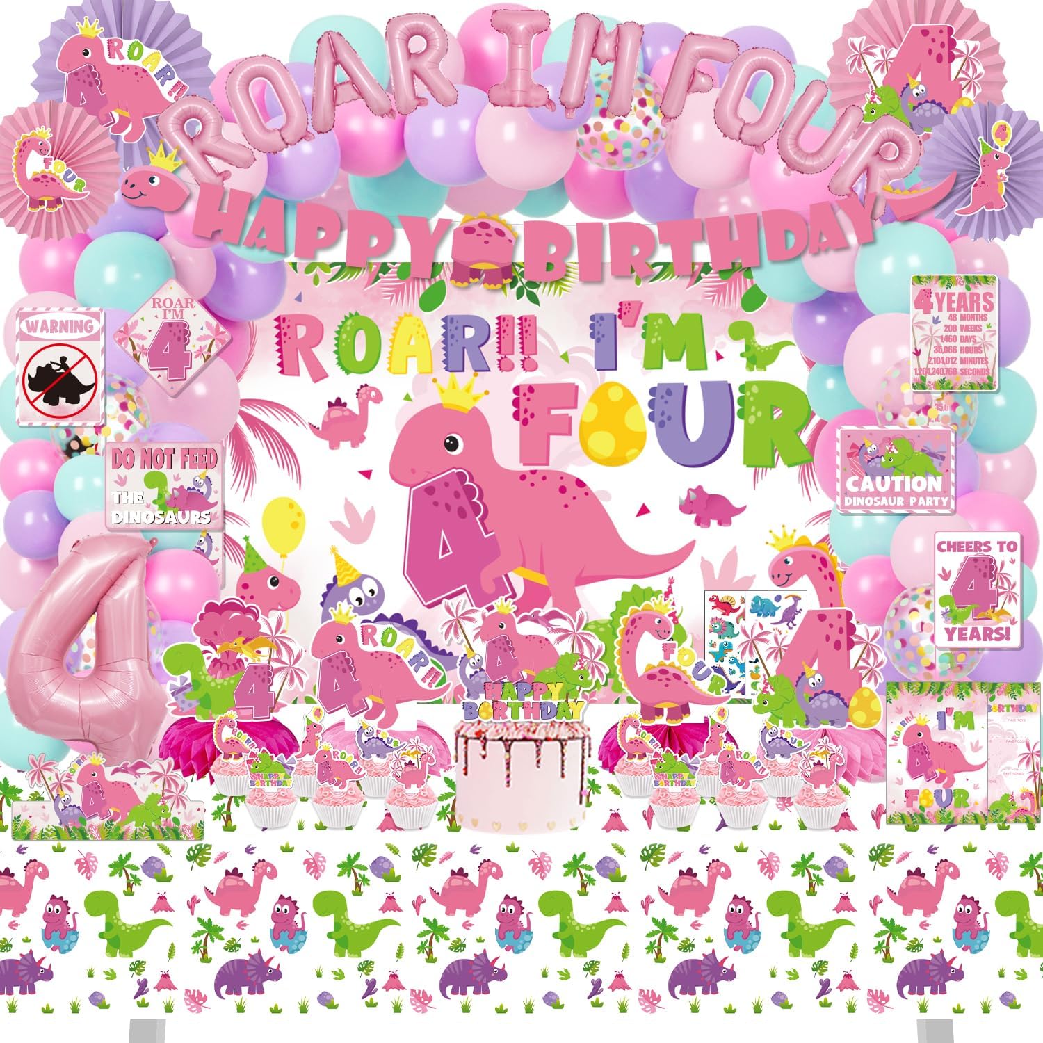 Girl Dinosaur 4th Birthday Decorations for Girls, Roar Im 4 Pink Dino Theme Party Decor Supplies - Backdrop, Banner, Tablecloth, Centerpieces, Temporary Tattoos, Fans Pompoms, Wall Signs