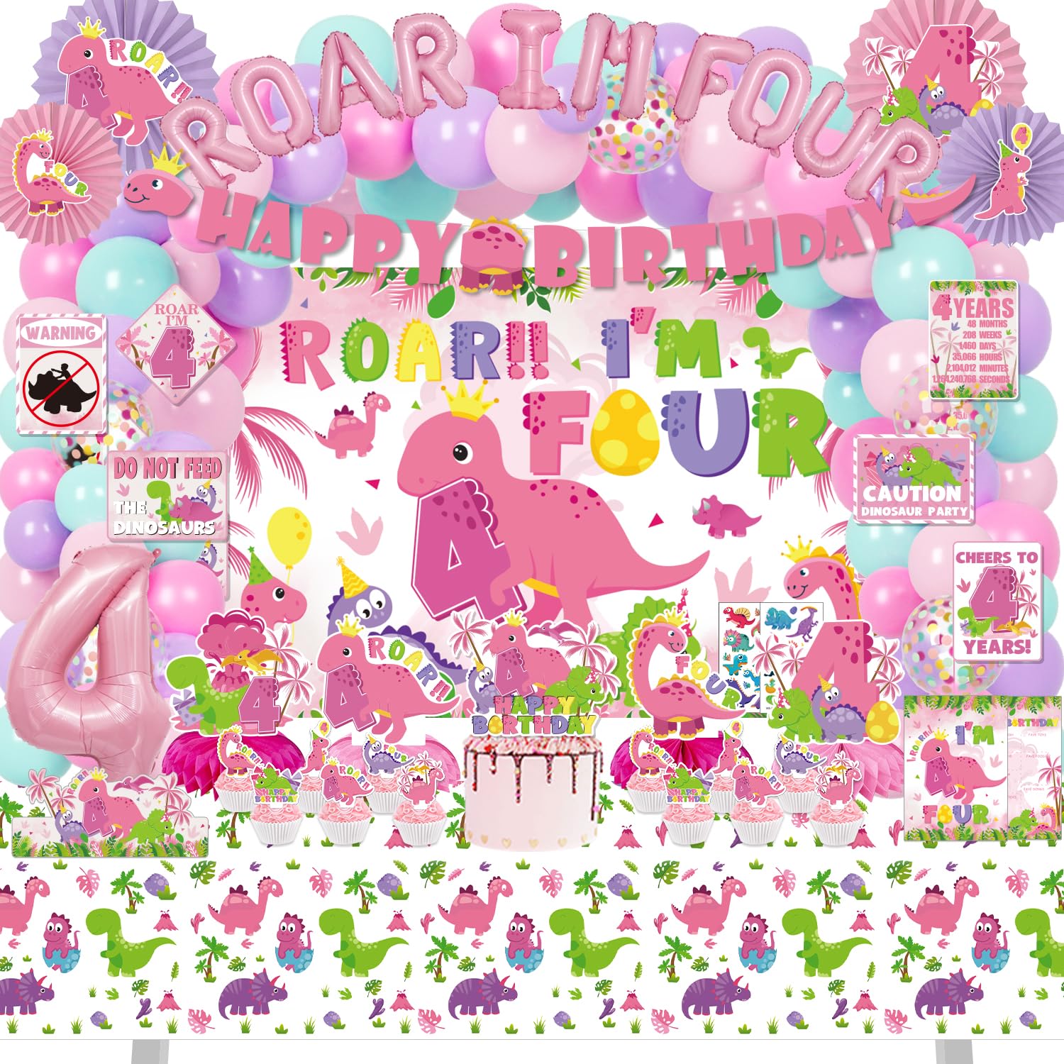 FrozzlyFun Girl Dinosaur 4th Birthday Decorations for Girls, Roar Im 4 Pink Dino Theme Party Decor Supplies - Backdrop, Banner, Tablecloth,