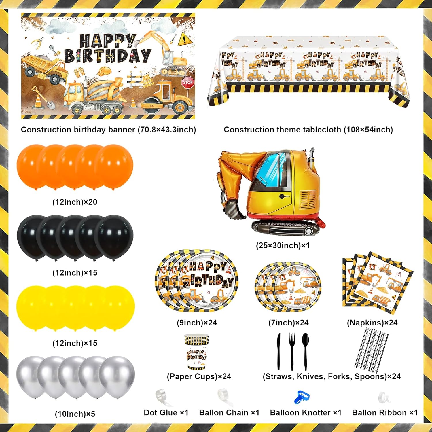 Construction Birthday Party Supplies 251 PCS Construction Birthday Banner Balloons Plates Napkins Cups Tablecloth Set for Kids Dump Truck Excavator Party Decorations - Image 2