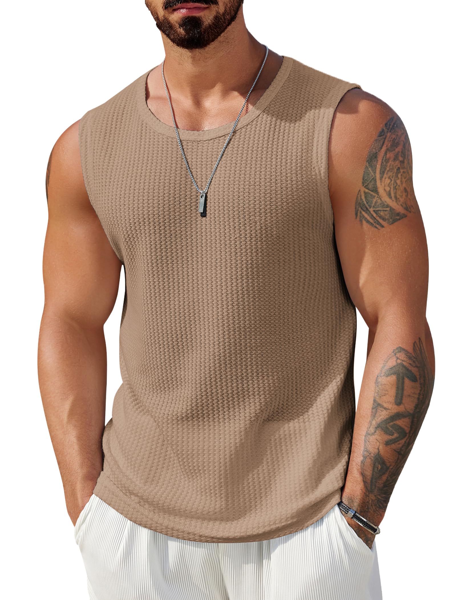 COOFANDY Mens Casual Tank Tops 2 Pack Waffle Knit Sleeveless Shirt Breathable Tank Shirts Summer Muscle Tee