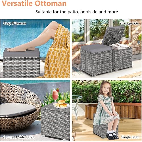 Vista 94 de Tangkula Patiojoy - Mesa auxiliar de ratán de polietileno tejida a mano con cojín extraíble y espacio de almacenamiento oculto, caja de Turquesa