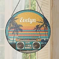 Vista 6 de Retro Boombox Suncatcher with Custom Name, Vintage Style Music Sun Catcher for Windows, Personalized Sunset Scene Window Hanging, Gifts for Music