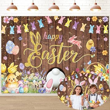 Happy Easter Backdrop 7x5FT Spring Bunny Flowers Wooden Wall Photography Background Easter Party Decorations Supplies Photo Props