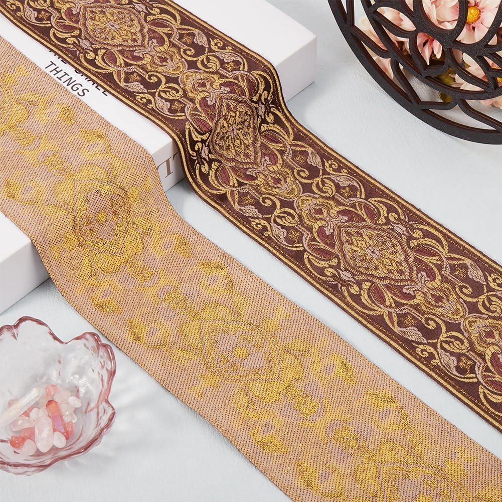GORGECRAFT 5.5 Yard Vintage Jacquard Trim 3.5 Inch Wide Boho Ribbon Light Khaki Polyester Embroidery Ethnic Woven Floral Fabric Lace Trim Roll for Sewing Clothing Handmade Bag Gift Christmas Decor