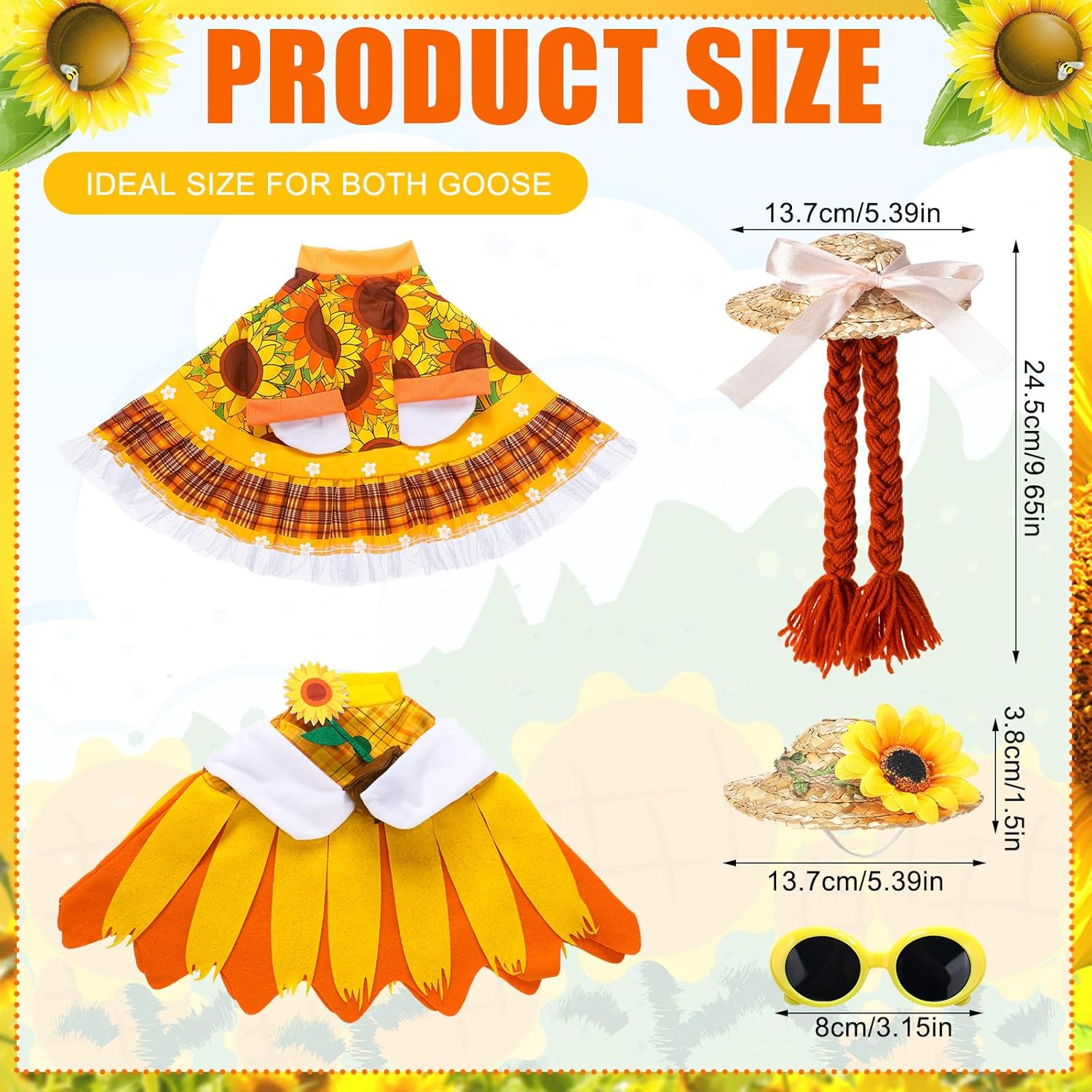 Abbylike 2 Sets Sunflower Porch Goose Outfits Spring Yard Goose Duck Clothes Costume with Straw Hat Fits Large 23'' Cement for Spring Garden Patio Lawn Summer Statue Pathway Art Decorations