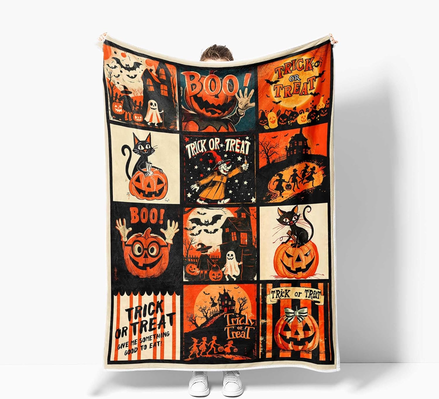 JAWO Vintage Halloween Throw Blanket, Trick or Treat Cute Cool Gothic Black Cat Pumpkin Retro Halloween Cozy Bed Couch Blanket, Soft Comfy Fleece Flannel Throws Blankets Livingroom Bedroom Decor