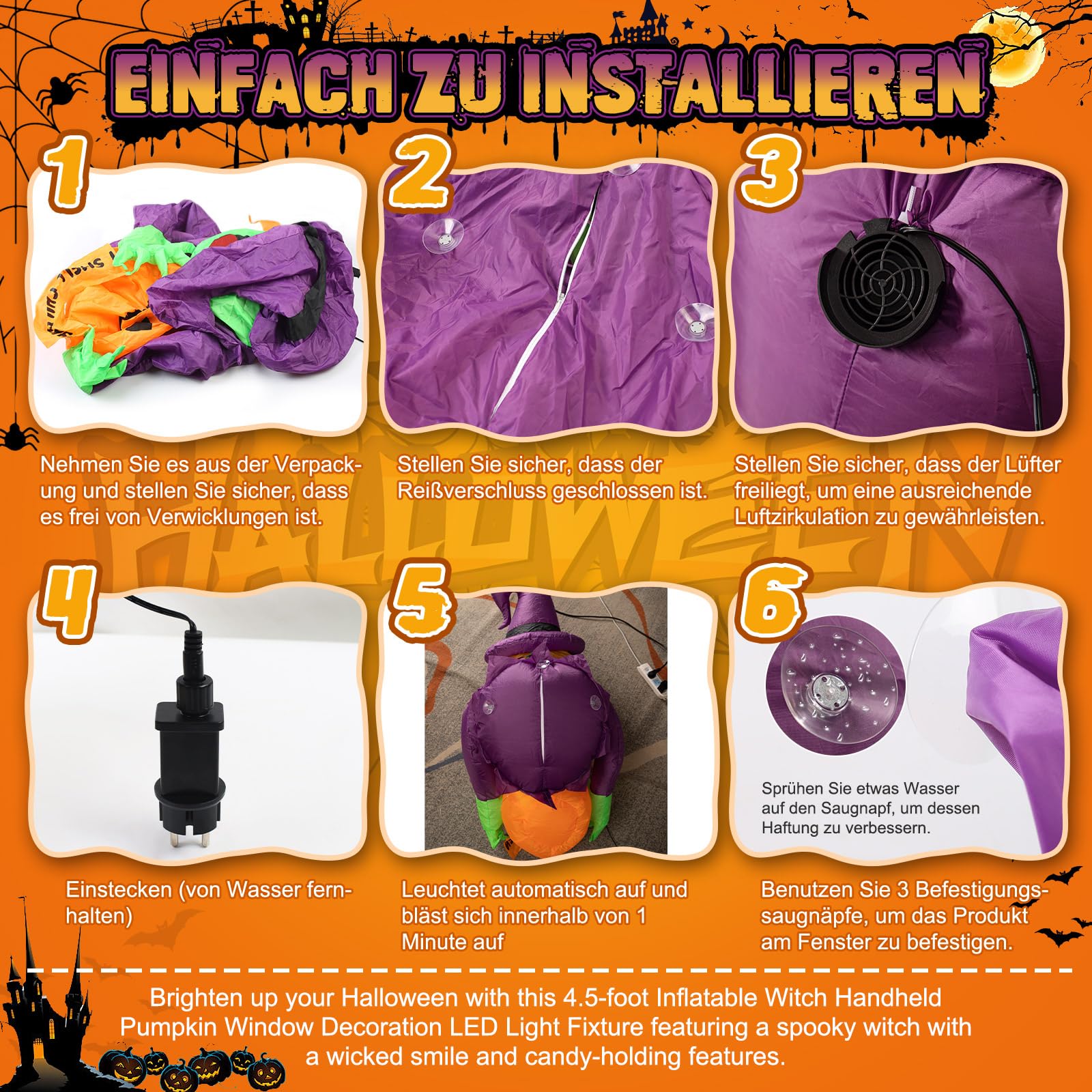 4,5 Ft Halloween deko Aufblasbar Hexe, Halloween deko Outdoor Fenster,Geisterhexen mit Kürbis-Bonbonglas,eingebaute LED, Halloween aufblasbar Halloween deko Garten,Outdoor,Party