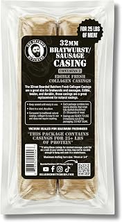 Bearded Butchers 32mm Fresh Edible Collagen Casings (2-Pack) – Holds 25lbs of Meat – For Bratwurst, Italian Sausage & Chorizo – Vacuum Sealed, Ready to Use, No Soaking Required – DIY Sausage Skins