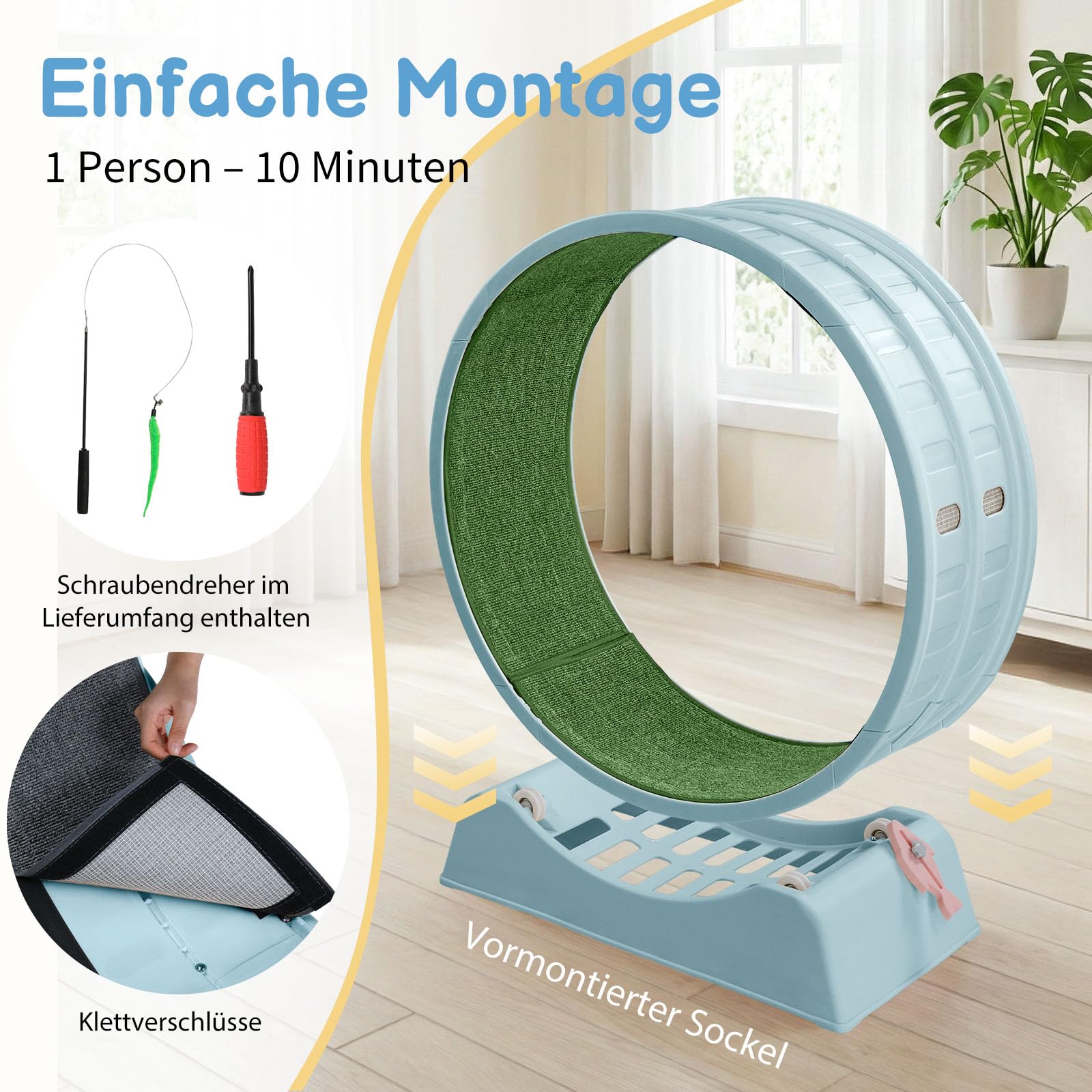 LEADZM Katzenlaufrad 80cm Durchmesser - Laufrad Katze aus Kunststoff, Inklusive Teppich und Katzenspielzeug, stabil und leise - Geeignet für Katzen mit einem Gewicht von höchstens 15 kg (Blau)