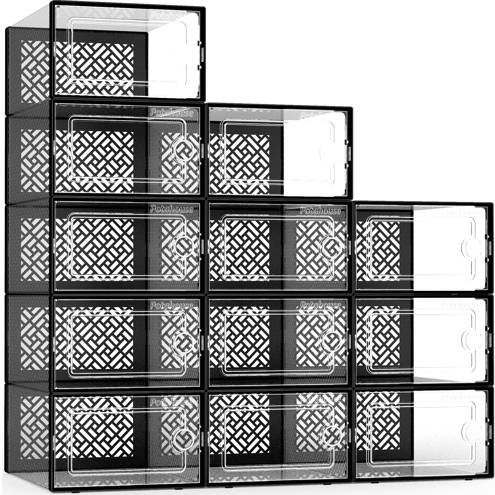 Potahouse® Shoe Storage Box Upgraded X-Large 12 Pack Shoe Box Stackable Clear Door Fit US Size Men's 11 Women's 12, Shoe Organizer for Closet Sneaker Storage for Entryway Dorm Office, Black