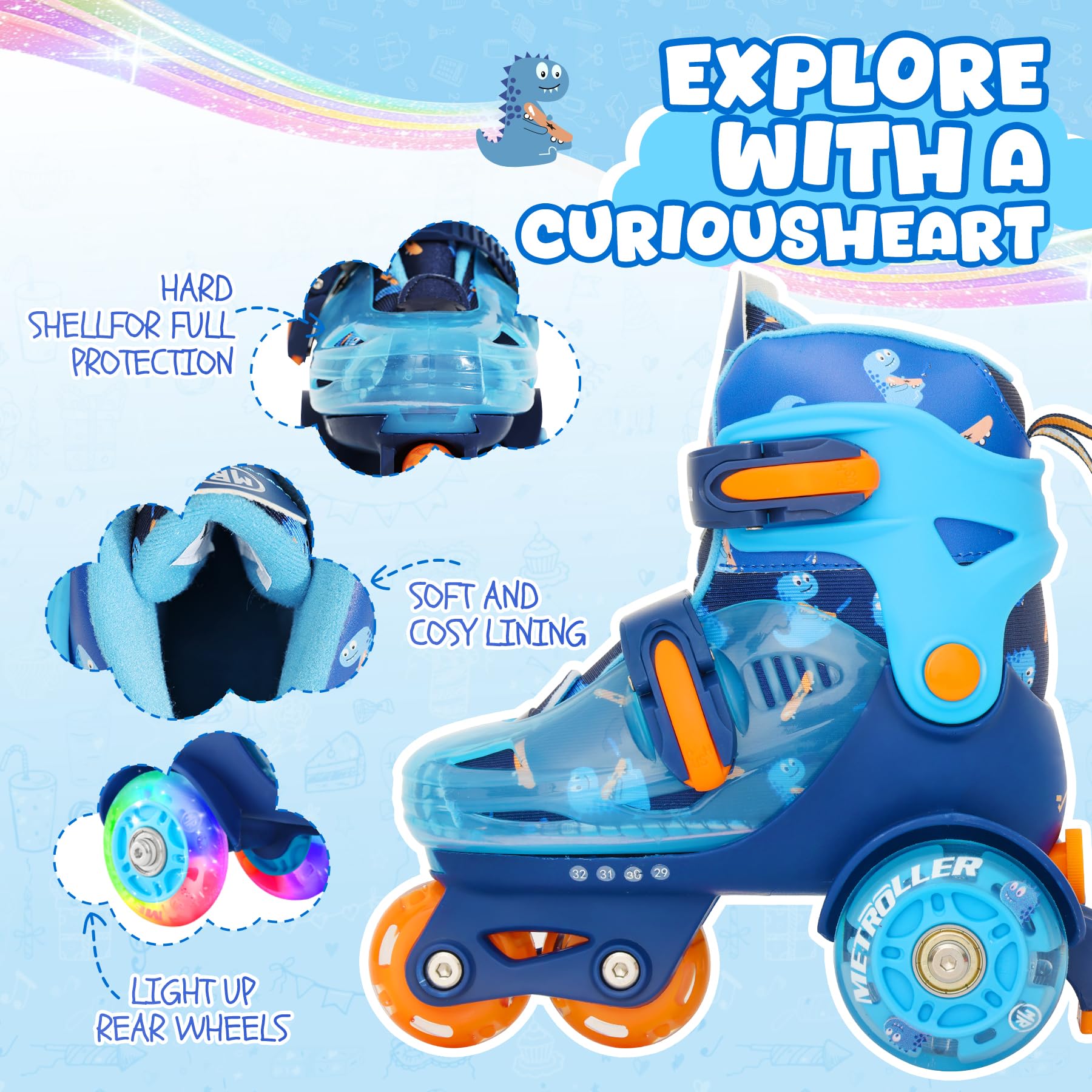 Patines de equilibrio ajustables para niños pequeños de 3 a 6 años, arcoíris, unicornio, dinosaurios, patines iluminadores para niñas y niños de 5 a 8 años, tipo de tres puntos, adecuados 4