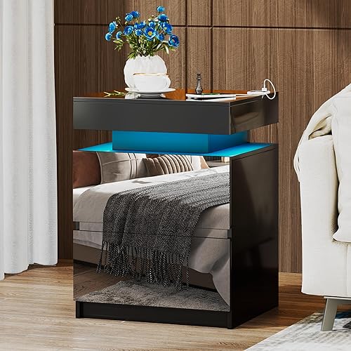 Miniatura 8 de Mesita de noche con estación de carga, mesita de noche LED blanca con 3 cajones, mesa de noche de alto brillo con sensor automático de luces de 24