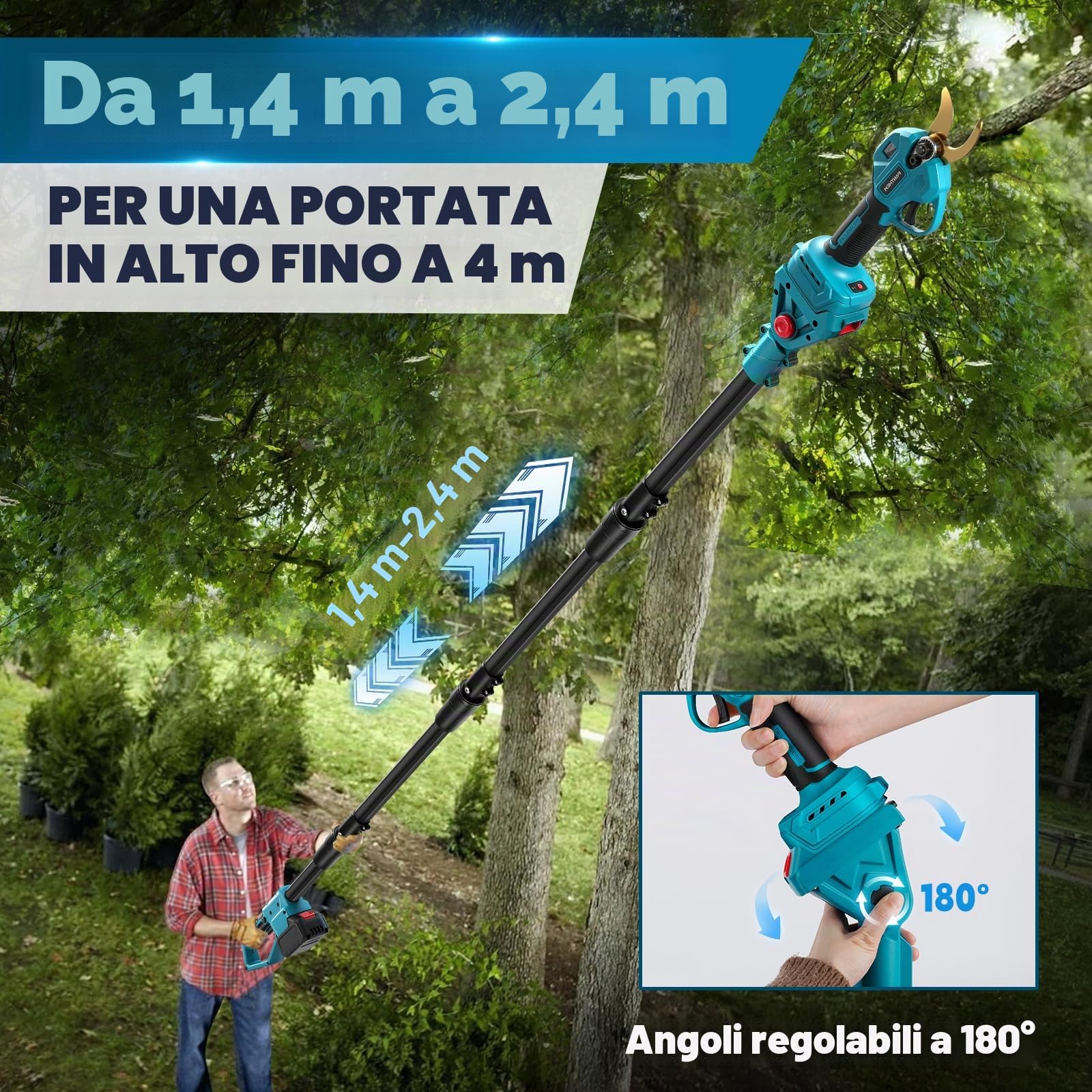 Forbici Elettriche da Potatura a Batteria 45 mm con Asta Telescopica da 2 Metri, Cesoie Elettriche da Potatura, Cesoie a batteria, Forbici da Potatura per Giardinaggio, Alberi da Frutto