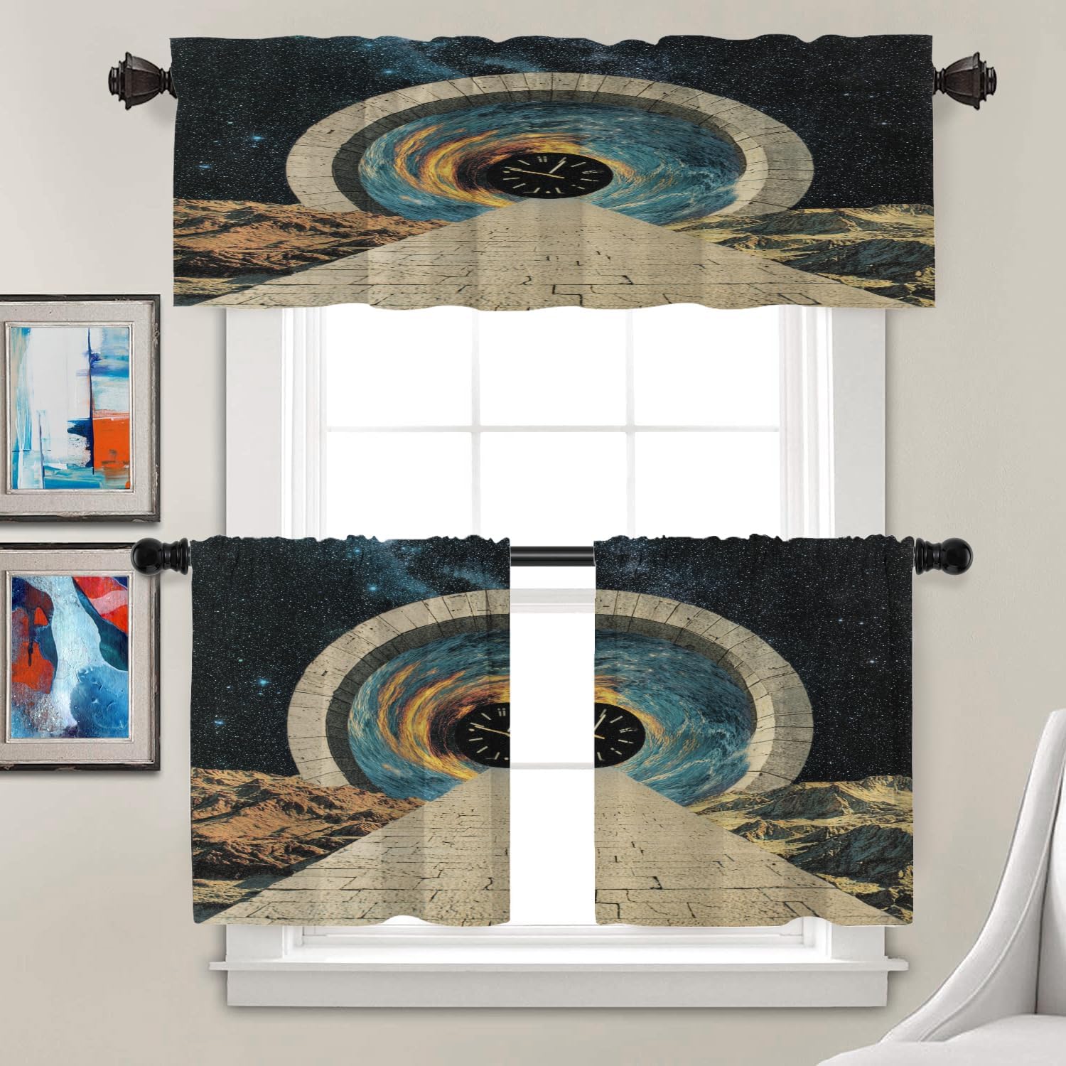Batmerry Space Time Stargate Clock Tunnel Thermal Insulated Valances for Windows,Time Tunnel Space Journey Kitchen Curtains and Valances Set Blackout Short Valance for Bathroom, 2 Pack 52X18 Inches