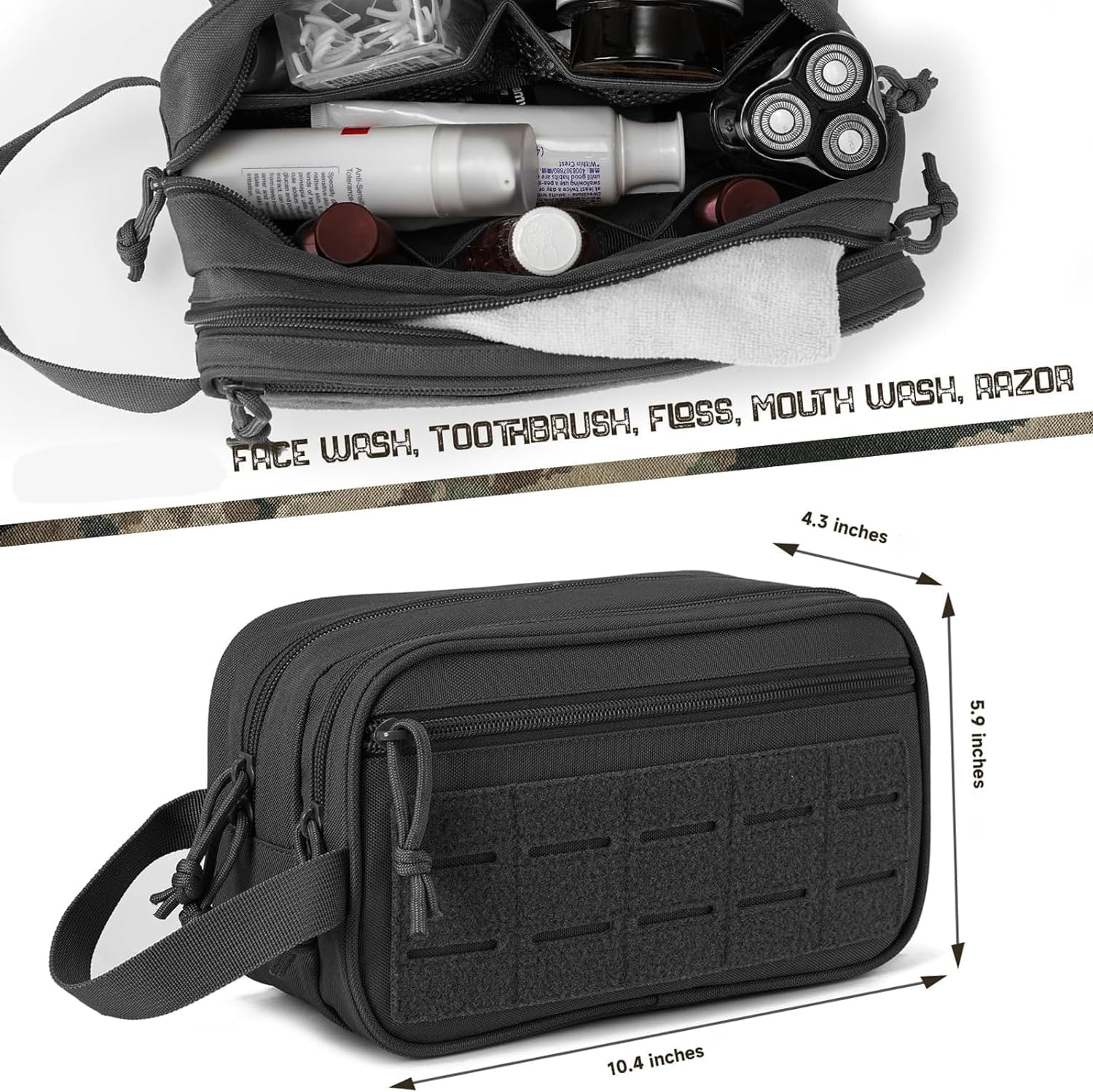 Tactical Toiletry Bag For Men Hygiene Bag EDC Military Tool Molle Pouches Mens Shaving Kit Travel shower Bags (Black CP)