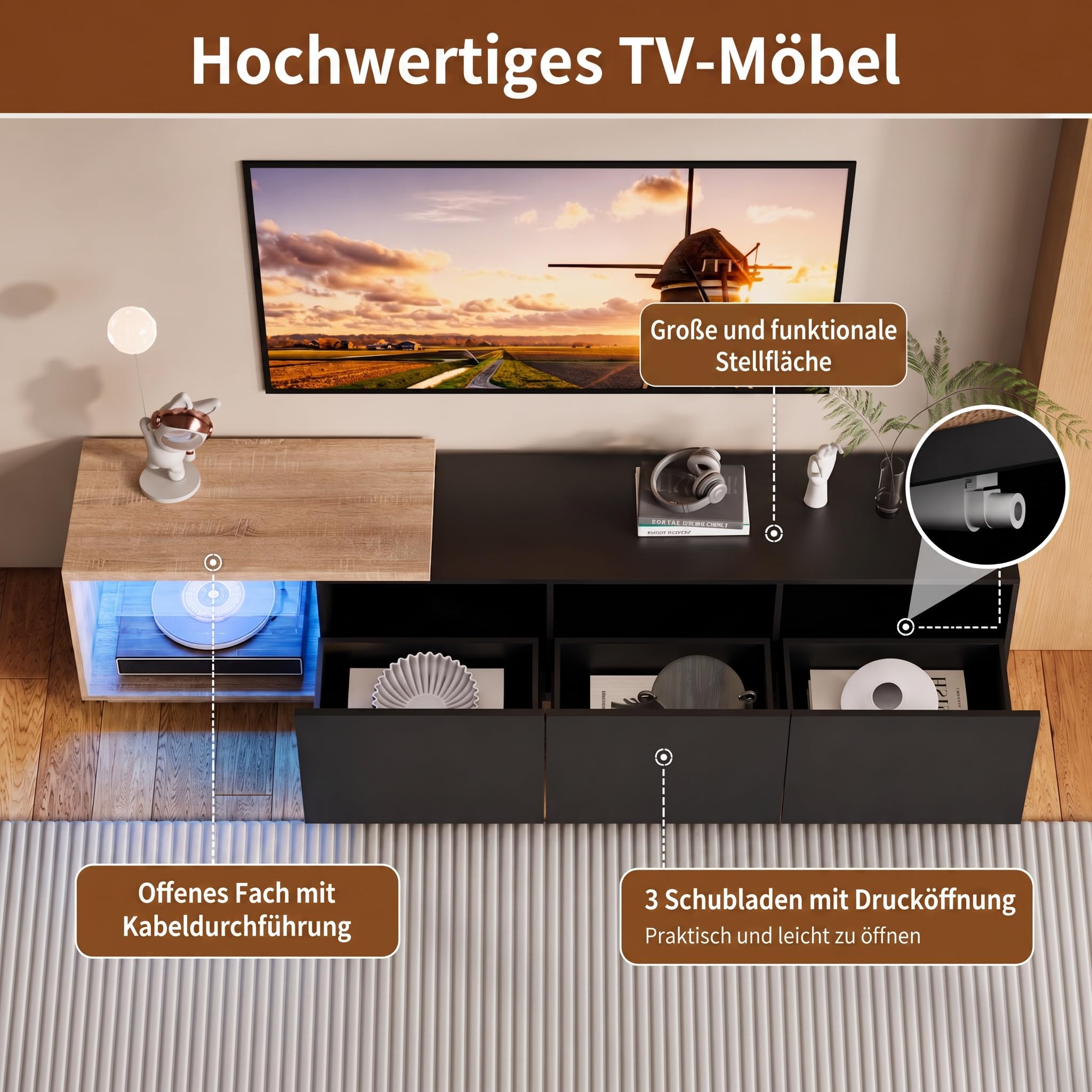 TV-Schrank Lowboard 163cm-240 cm mit Beleuchtung, Fernsehtisch, Fernsehschrank mit 3 Schublade, Ausziehbarer TV-Ständer, Wohnzimmermöbel,Hochglanz Schwarz und Natur Holzmaserung,240x38x44cm