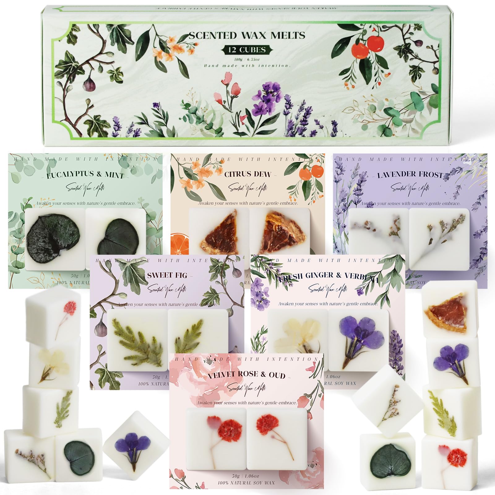 Scented Wax Melts, 6 Fragrances with Dried Flowers - Velvet Rose & Oud, Eucalyptus & Mint, Ginger & Verbena, Fig, Citrus, Lavender, Soy Wax Cubes for Wax Warmers, Gift Set for Mother's Day, Birthday