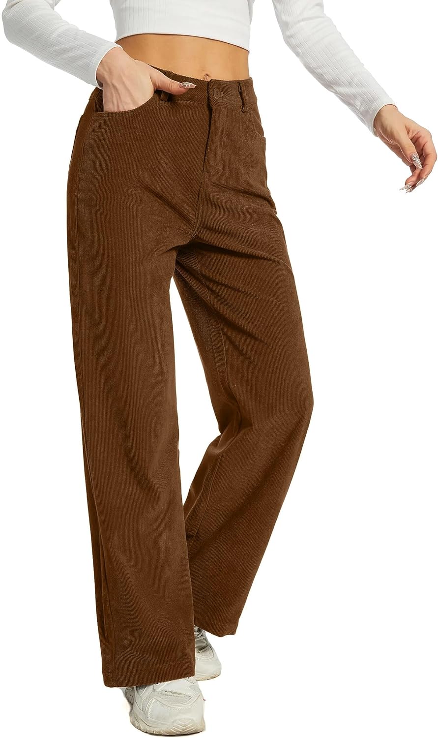 Women's Corduroy Loose Mid Rise Pant Casual Fall Straight Leg Elastic Waist Pants with Pockets - Image 6