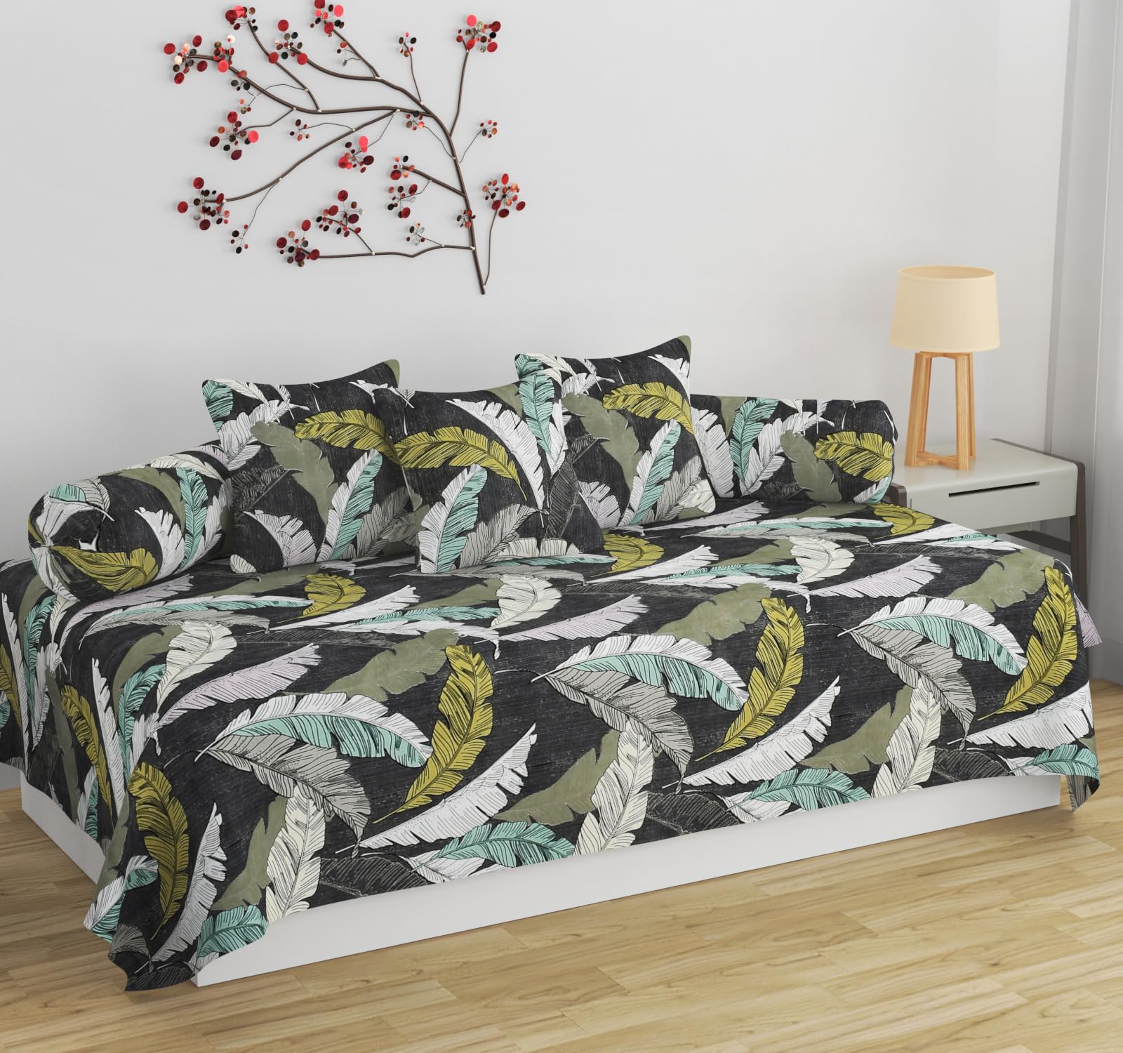 Hidecor Super Soft Cotton Printed diwan Set for Living Room, diwan Set Covers Cotton, diwan Set 6 Pieces One Single Bedsheet with 3 Cushion Cover,2 Bolster (Grey)-image-11