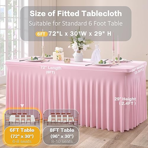 Miniatura 6 de Paquete de 3 manteles de spandex rosa bebé para mesas rectangulares de 6 pies, manteles elásticos rosa de 6 pies, cubierta de mesa ajustada rosa,