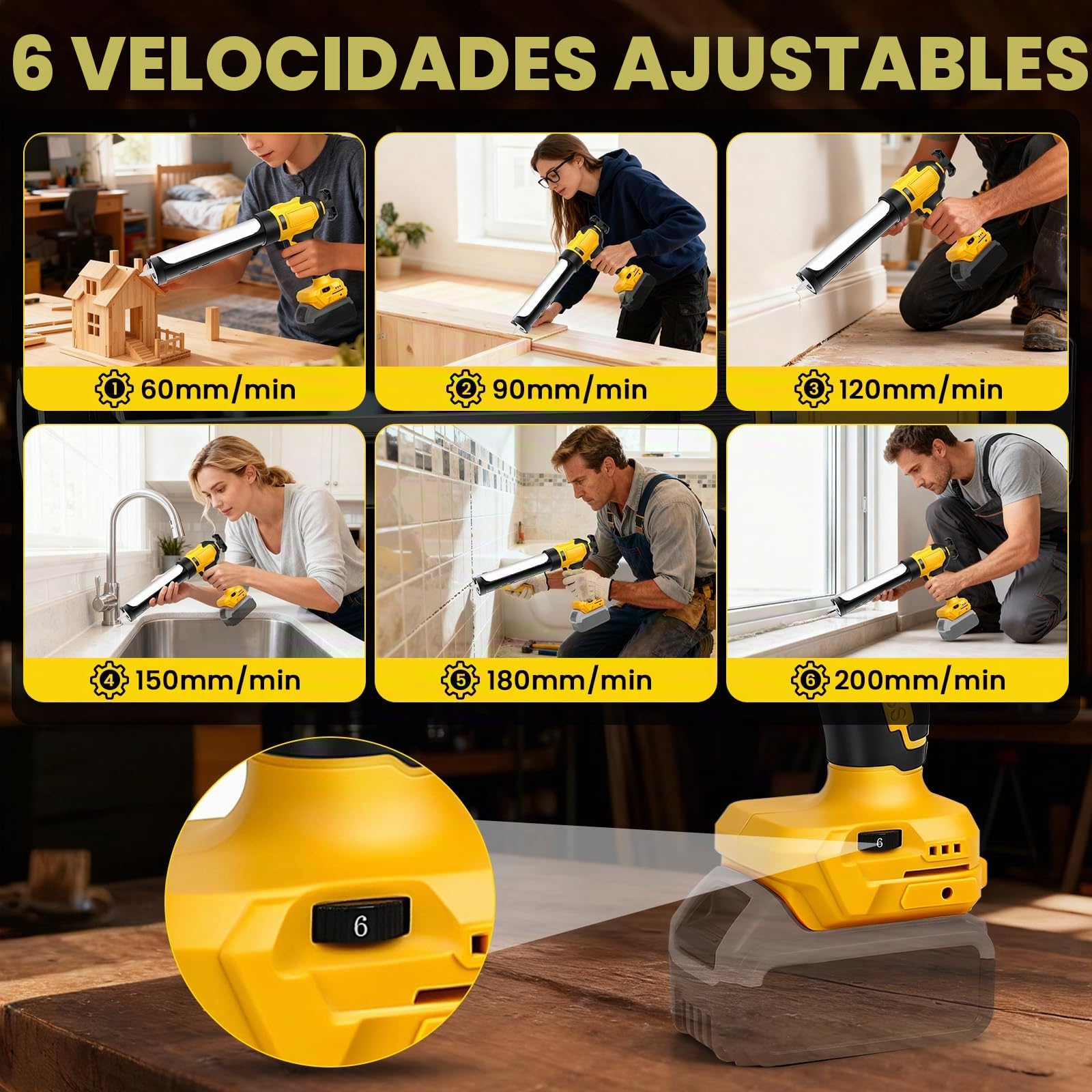Pistola Selladora Inalámbrica para Dewalt 20V (sin Batería) | Pistola de Calafateo Eléctrica, 6 Velocidades Ajustables, Pantalla Digital y Luz LED, para Rellenar y Sellar